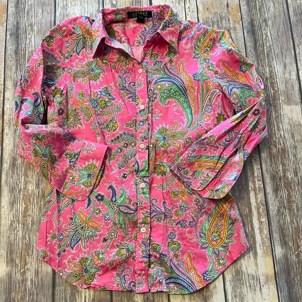 Lauren Ralph Lauren Top button front Size S Paisley Pink womens